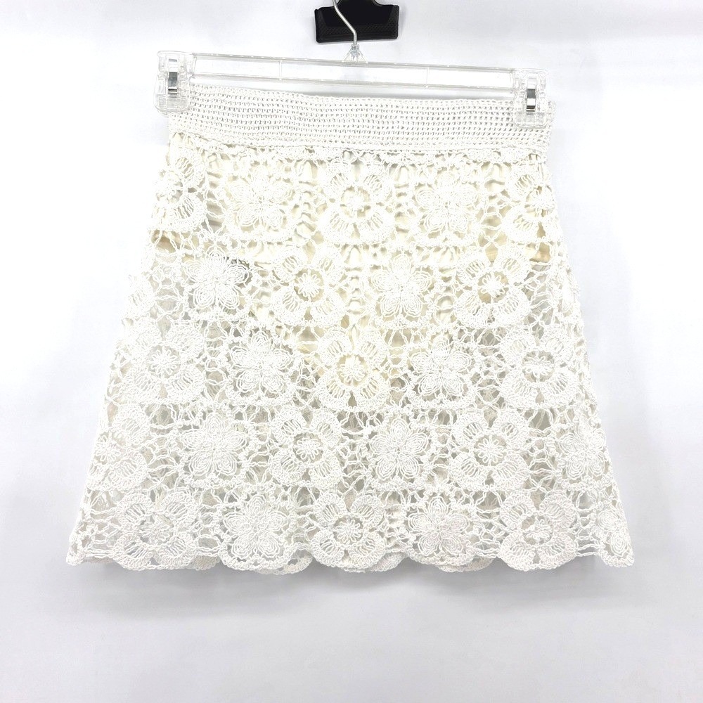 Mango MNG Womens Small White Floral Crochet Lace Mini Skirt Boho Lined 70341